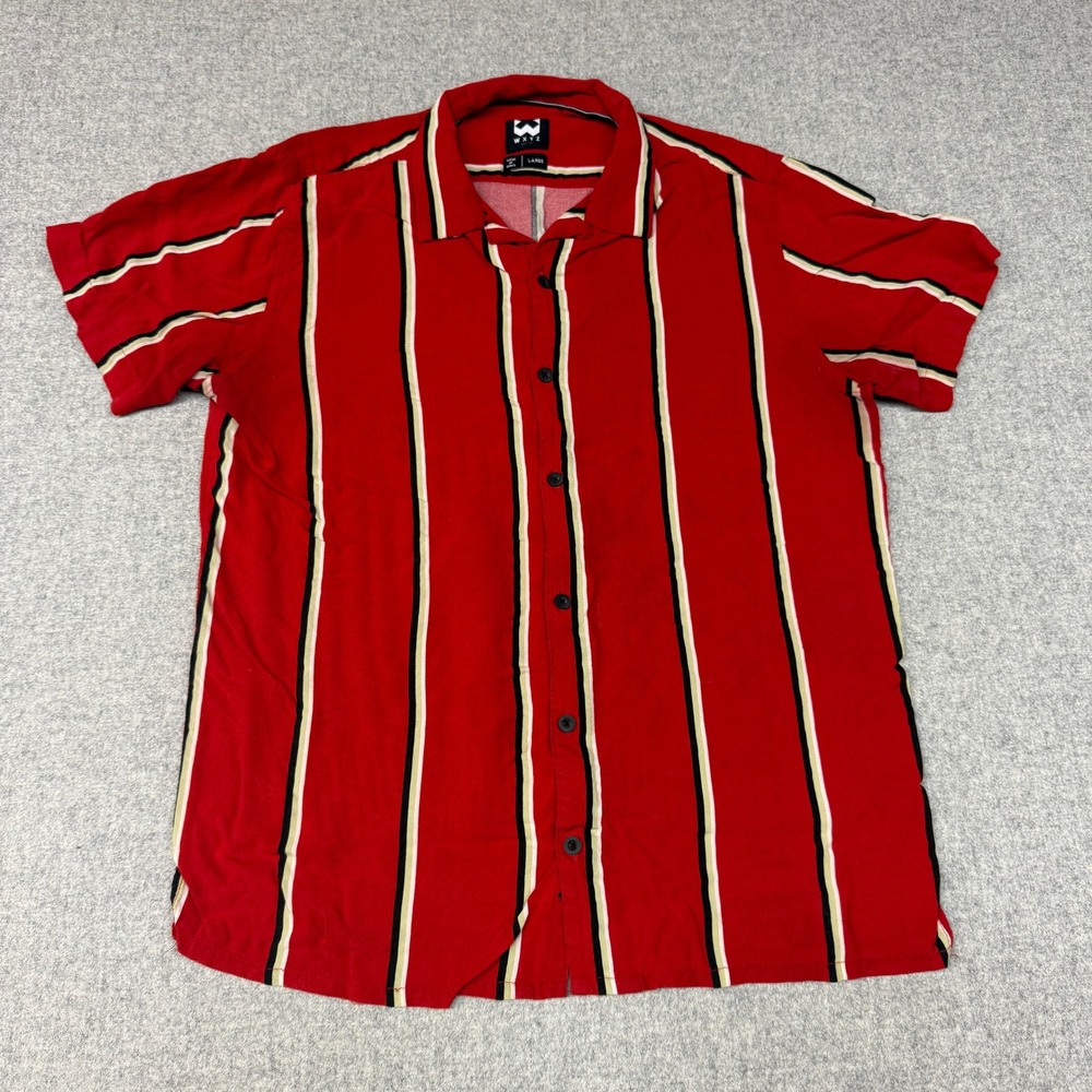 WXYZ | Striped Button Down Shirt | Large | Red | Short Sleeve Camp Collar Retro